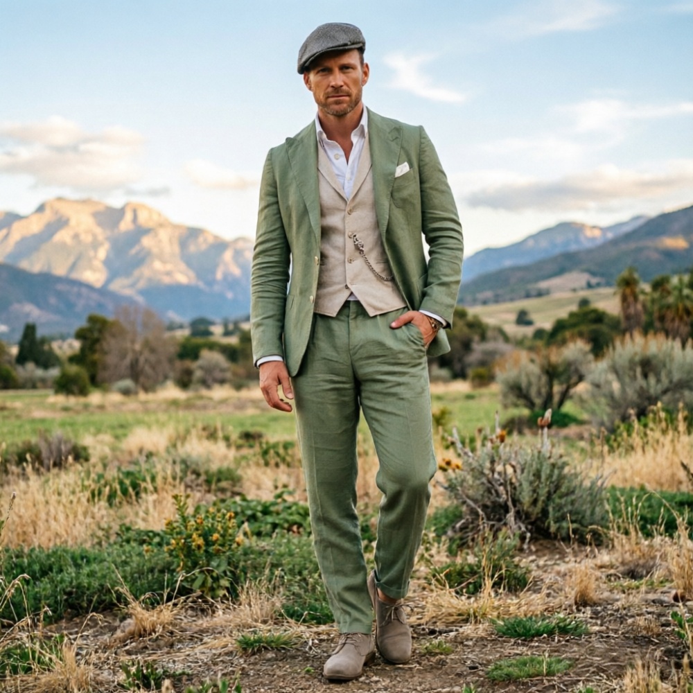 Men Formal Wear Outfits - Sage Green Linen Men 3 Piece