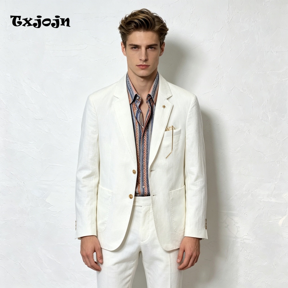 Men Linen Formal Wear - Stylish White Linen 2PCS Suit Slim