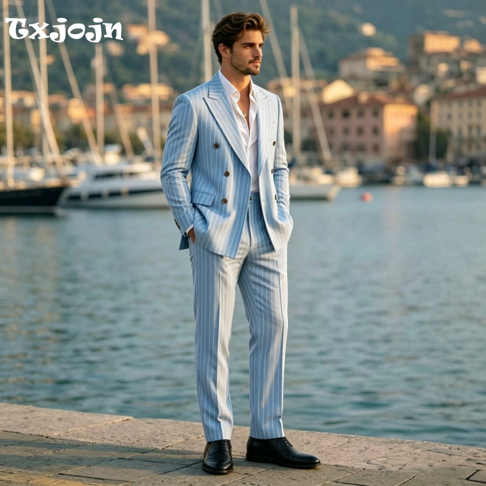 Men Linen Formal Wear - Stylish Blue Linen 2PCS Suit Slim