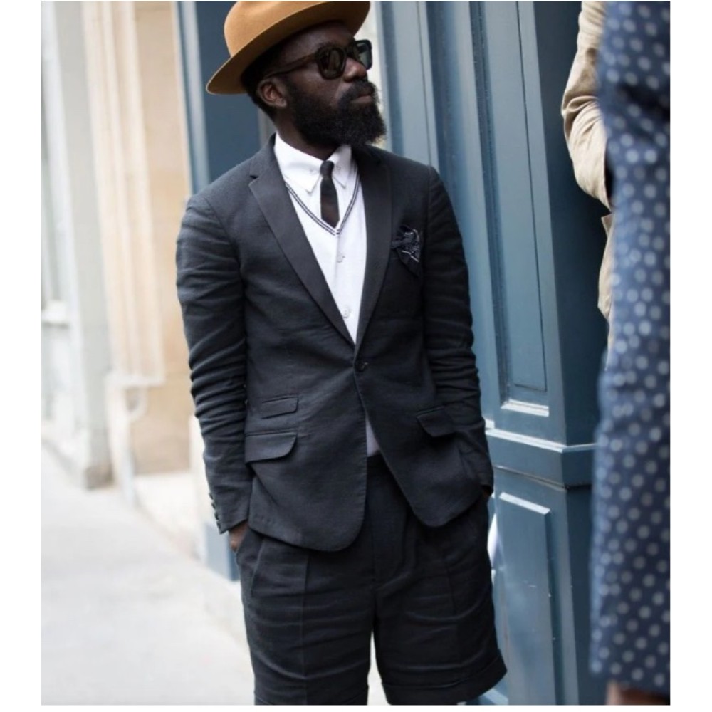 Men Linen Formal Wear - Black Linen Men Suits Casual Jacket