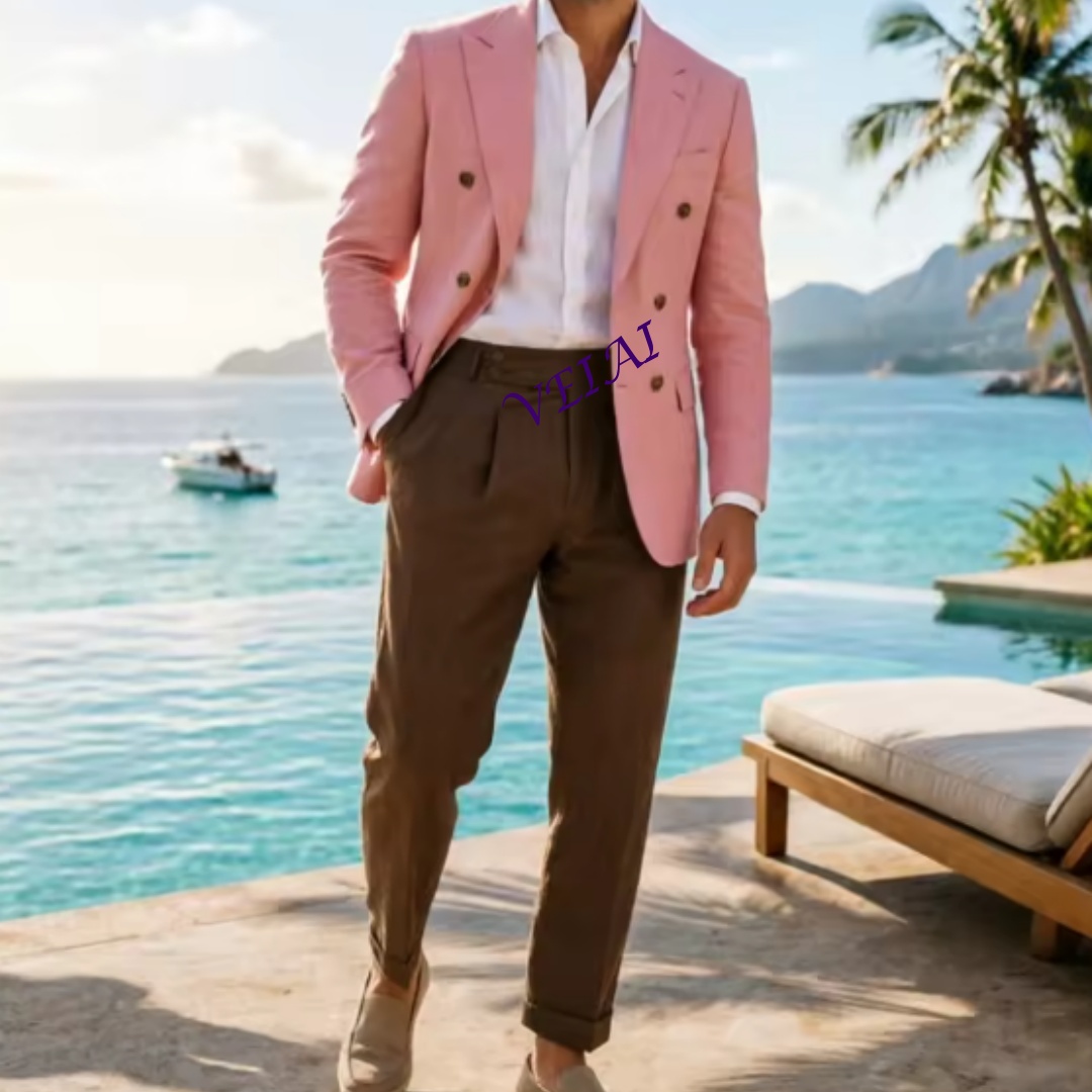 Men Linen Formal Wear - Customized2 Piece Beige Linen Men Double