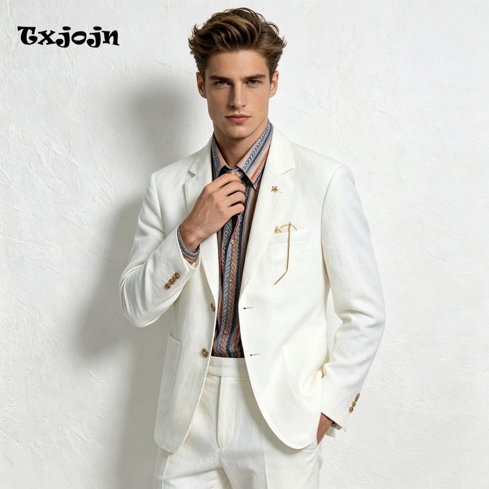Stylish White Linen 2PCS Suit  - Men Linen Formal Wear recensie en prijs